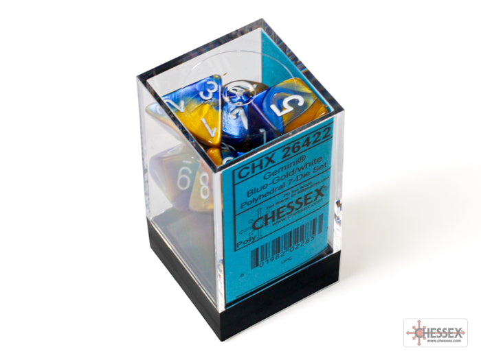 Dés Gemini: 7Pc Bleu-Or/Blanc