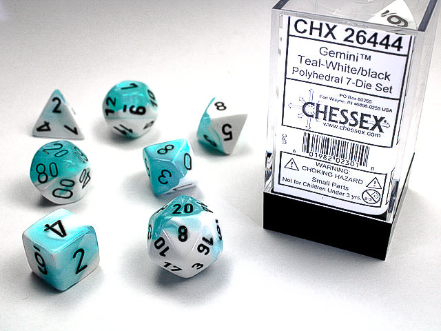 Dés Gemini: 7Pc Turquoise-Blanc/Noir