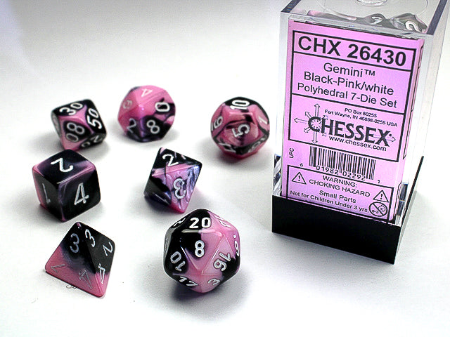 Dés Gemini: 7Pc Noir-Rose/Blanc